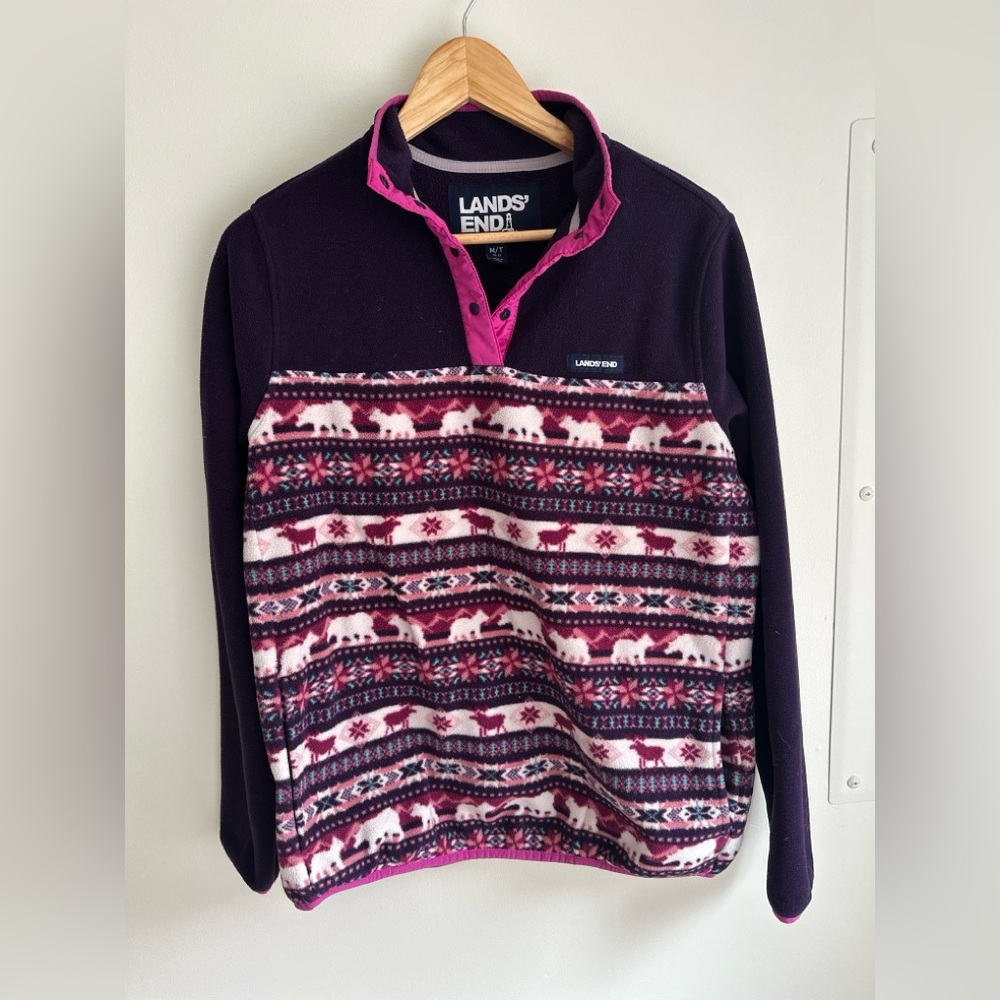 Lands’ End Heritage Fleece Snap Neck Pullover Top w/Pockets Medium Tall